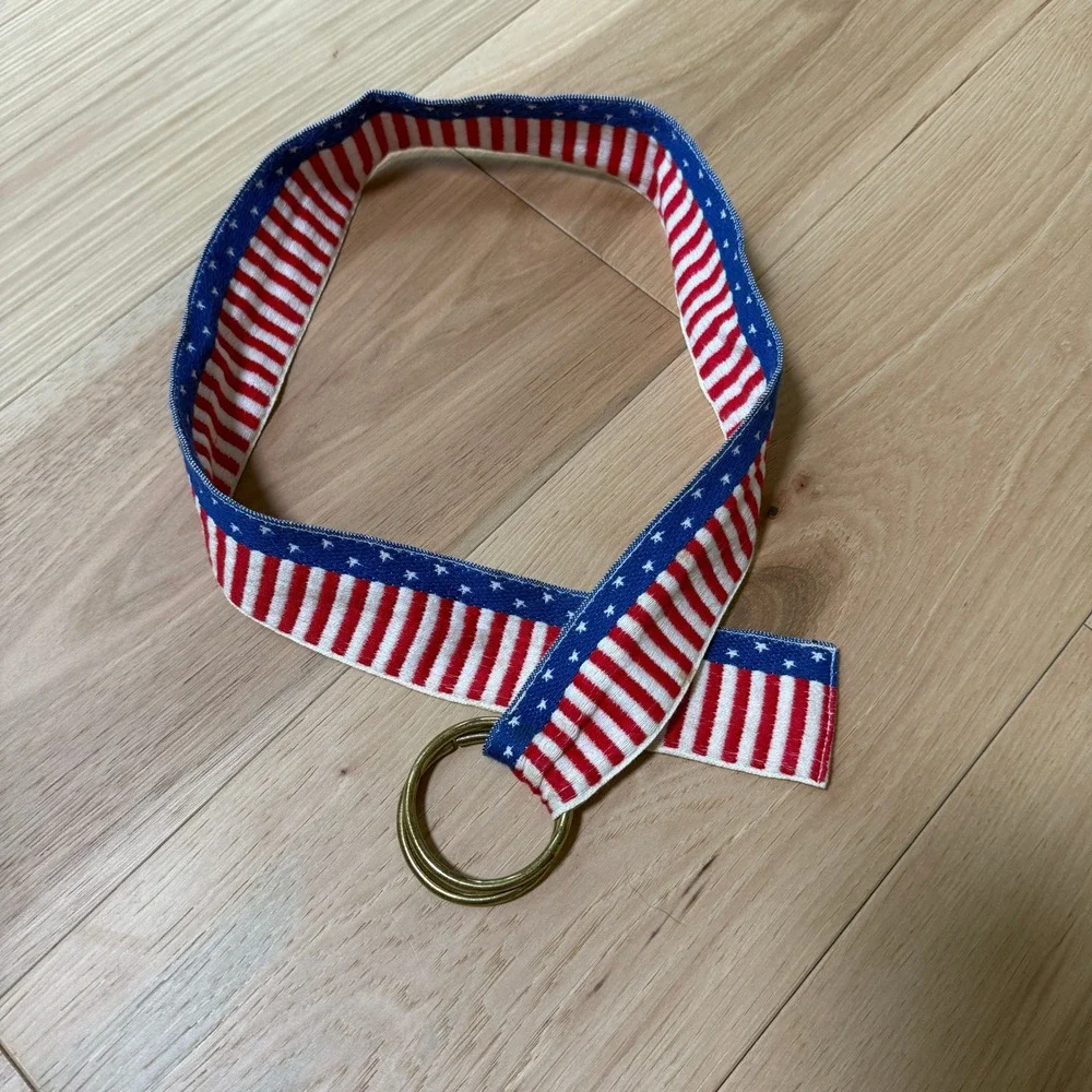Red White Blue Patriotic Nautical Stars Stripes Fabric D-Ring Belt SZ Medium‎